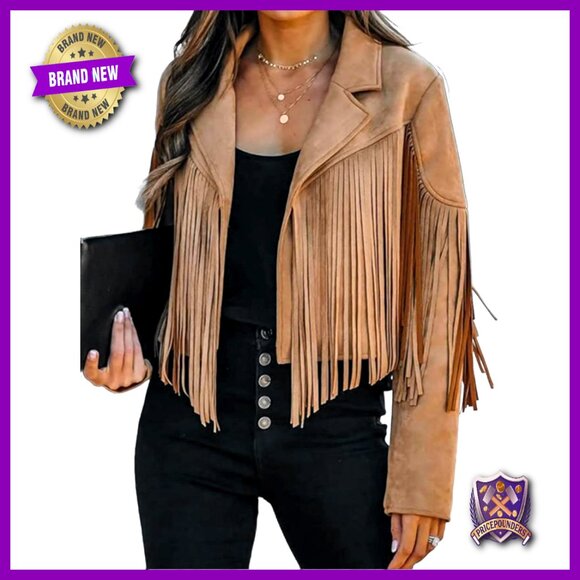 Jackets & Blazers - Faux Suede Cropped Fringe Jacket Western Motorcycle Style Retro Chic